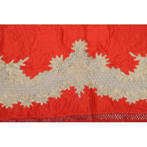 561 - ANTIQUE RED SILK & EMBROIDERED SHAWL. Probably late 19thc, the dark red silk fringed shawl with poss... 