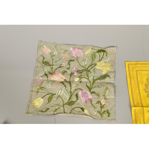 564 - VINTAGE TEXTILES INCLUDING CHINESE SILK PANEL. A mixed lot including a large panel of bright yellow ... 