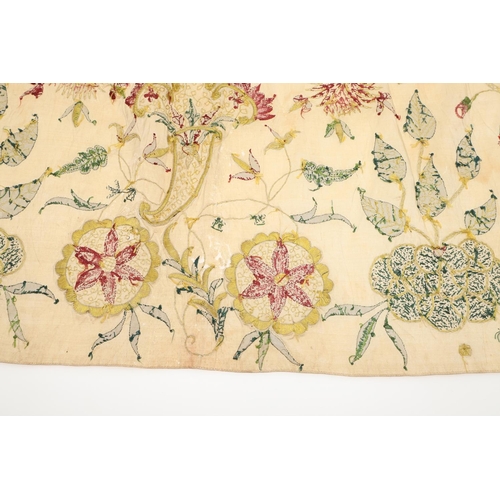 576 - 18THC SILK EMBROIDERED FLORAL PANEL. A small piece of 18thc embroidered silk which may have been par... 