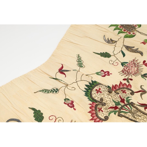 576 - 18THC SILK EMBROIDERED FLORAL PANEL. A small piece of 18thc embroidered silk which may have been par... 