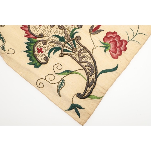 576 - 18THC SILK EMBROIDERED FLORAL PANEL. A small piece of 18thc embroidered silk which may have been par... 