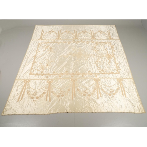 578 - VINTAGE IVORY SATIN BED COVER & OTHER TEXTILES. A late 19thc/early 20thc ivory coloured satin bed co... 