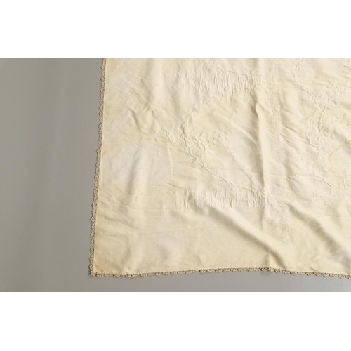 578 - VINTAGE IVORY SATIN BED COVER & OTHER TEXTILES. A late 19thc/early 20thc ivory coloured satin bed co... 