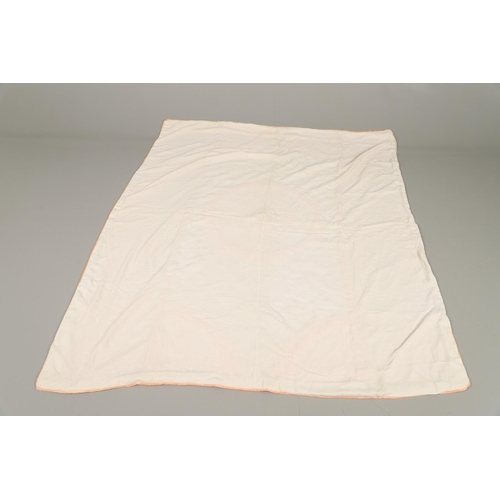 578 - VINTAGE IVORY SATIN BED COVER & OTHER TEXTILES. A late 19thc/early 20thc ivory coloured satin bed co... 