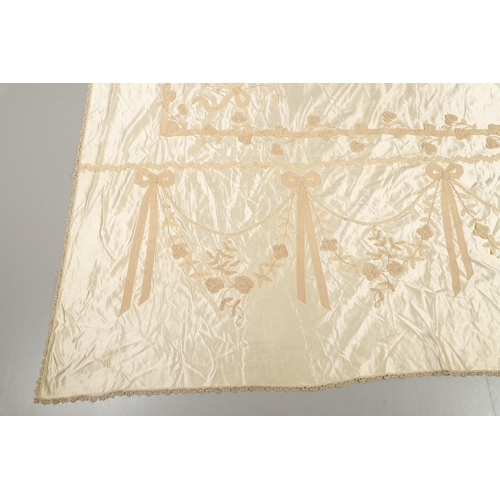 578 - VINTAGE IVORY SATIN BED COVER & OTHER TEXTILES. A late 19thc/early 20thc ivory coloured satin bed co... 