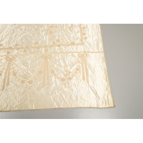 578 - VINTAGE IVORY SATIN BED COVER & OTHER TEXTILES. A late 19thc/early 20thc ivory coloured satin bed co... 