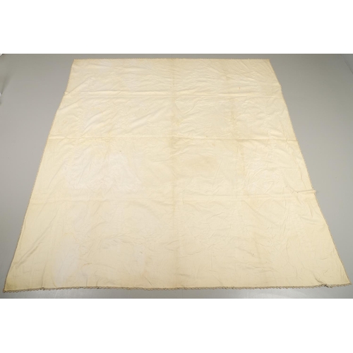 578 - VINTAGE IVORY SATIN BED COVER & OTHER TEXTILES. A late 19thc/early 20thc ivory coloured satin bed co... 