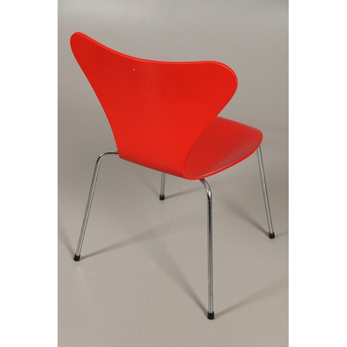 583 - FRITZ HANSEN - DANISH DESIGNER STACKING CHAIRS. A set of eight Series 7 red laminate wooden chairs w... 