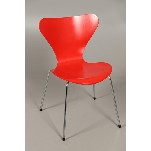 583 - FRITZ HANSEN - DANISH DESIGNER STACKING CHAIRS. A set of eight Series 7 red laminate wooden chairs w... 