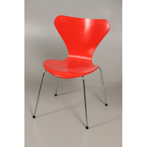 583 - FRITZ HANSEN - DANISH DESIGNER STACKING CHAIRS. A set of eight Series 7 red laminate wooden chairs w... 