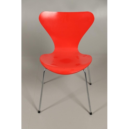 583 - FRITZ HANSEN - DANISH DESIGNER STACKING CHAIRS. A set of eight Series 7 red laminate wooden chairs w... 