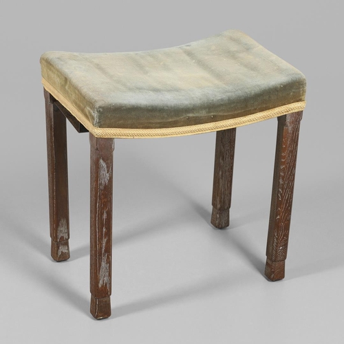 585 - GEORGE VI CORONATION STOOL. A George VI limed oak Coronation stool with blue velvet upholstery. Stam... 