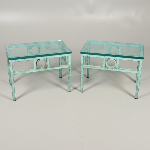 586 - PAIR OF CONTEMPORARY GLASS TOP LAMP TABLES - VERDIGRIS. A pair of verdigris decorated metal based la... 