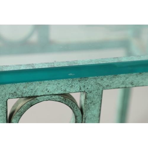 586 - PAIR OF CONTEMPORARY GLASS TOP LAMP TABLES - VERDIGRIS. A pair of verdigris decorated metal based la... 