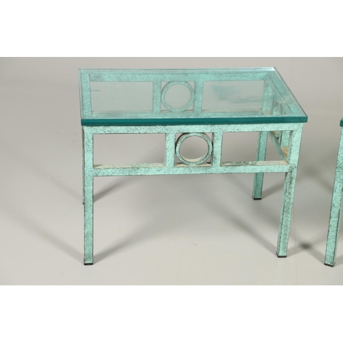 586 - PAIR OF CONTEMPORARY GLASS TOP LAMP TABLES - VERDIGRIS. A pair of verdigris decorated metal based la... 