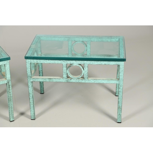 586 - PAIR OF CONTEMPORARY GLASS TOP LAMP TABLES - VERDIGRIS. A pair of verdigris decorated metal based la... 