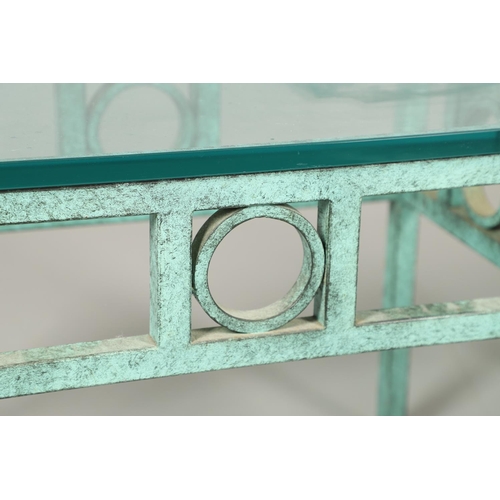 586 - PAIR OF CONTEMPORARY GLASS TOP LAMP TABLES - VERDIGRIS. A pair of verdigris decorated metal based la... 