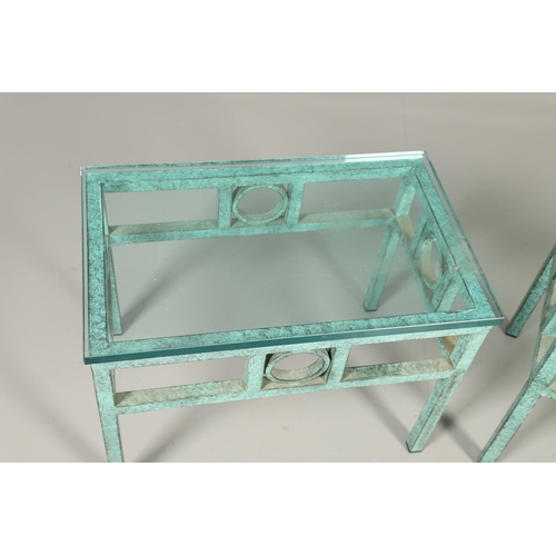 586 - PAIR OF CONTEMPORARY GLASS TOP LAMP TABLES - VERDIGRIS. A pair of verdigris decorated metal based la... 