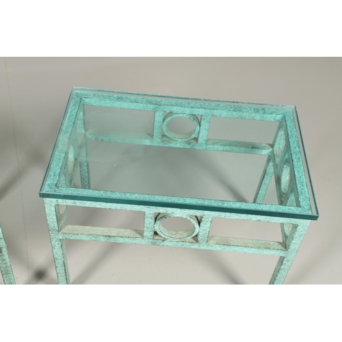 586 - PAIR OF CONTEMPORARY GLASS TOP LAMP TABLES - VERDIGRIS. A pair of verdigris decorated metal based la... 