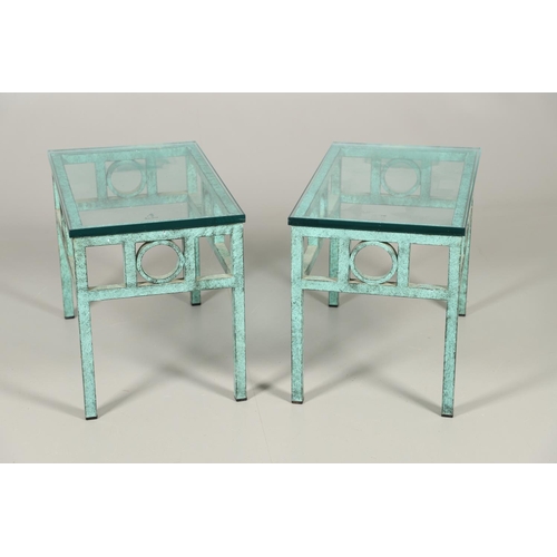 586 - PAIR OF CONTEMPORARY GLASS TOP LAMP TABLES - VERDIGRIS. A pair of verdigris decorated metal based la... 