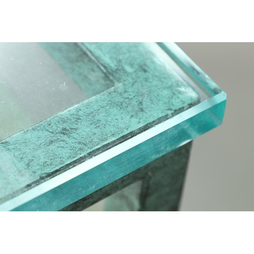 586 - PAIR OF CONTEMPORARY GLASS TOP LAMP TABLES - VERDIGRIS. A pair of verdigris decorated metal based la... 