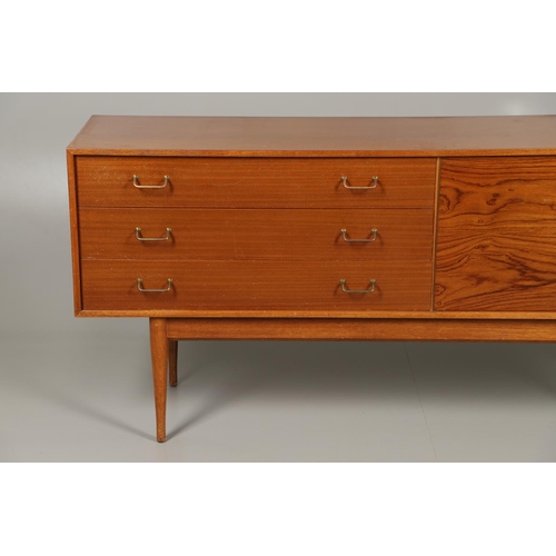 588 - MID CENTURY SIDEBOARD - UNIFLEX. A circa 1960's teak and afromosia sideboard, with three long drawer... 