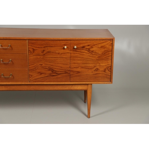 588 - MID CENTURY SIDEBOARD - UNIFLEX. A circa 1960's teak and afromosia sideboard, with three long drawer... 