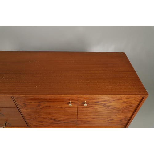 588 - MID CENTURY SIDEBOARD - UNIFLEX. A circa 1960's teak and afromosia sideboard, with three long drawer... 