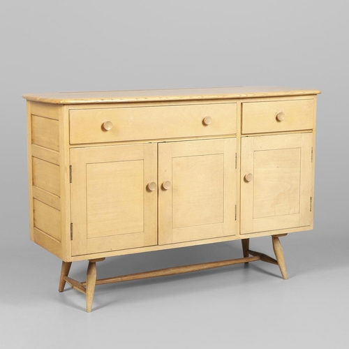 593 - EARLY ERCOL SIDEBOARD. Model number 351, a light elm and beech sideboard, with a long drawer and sho... 