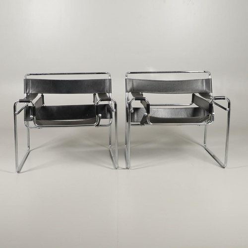 594 - AFTER MARCEL BREUER - PAIR OF WASSILY STYLE LEATHER CHAIRS. A pair of Model B3 style leather and tub... 