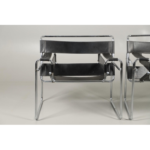 594 - AFTER MARCEL BREUER - PAIR OF WASSILY STYLE LEATHER CHAIRS. A pair of Model B3 style leather and tub... 