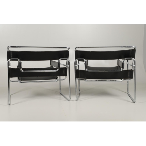 594 - AFTER MARCEL BREUER - PAIR OF WASSILY STYLE LEATHER CHAIRS. A pair of Model B3 style leather and tub... 