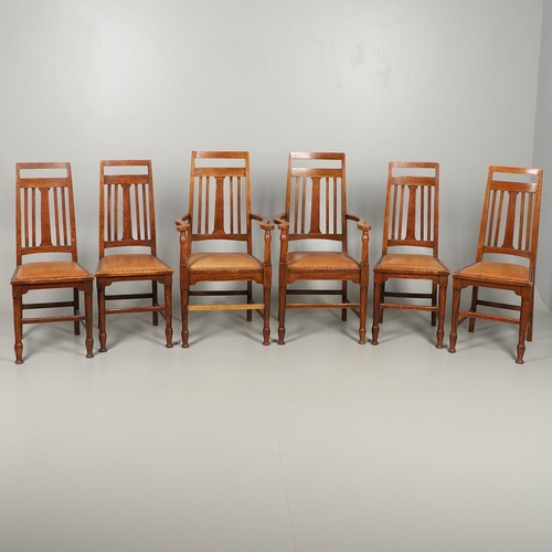 598 - SET OF SCOTTISH ARTS & CRAFTS DINING CHAIRS - WYLIE & LOCKHEAD. A set of six oak dining chairs inclu... 