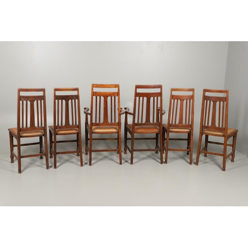 598 - SET OF SCOTTISH ARTS & CRAFTS DINING CHAIRS - WYLIE & LOCKHEAD. A set of six oak dining chairs inclu... 