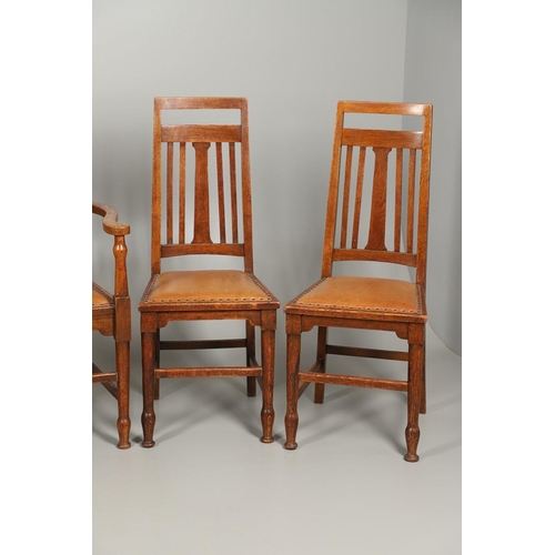 598 - SET OF SCOTTISH ARTS & CRAFTS DINING CHAIRS - WYLIE & LOCKHEAD. A set of six oak dining chairs inclu... 