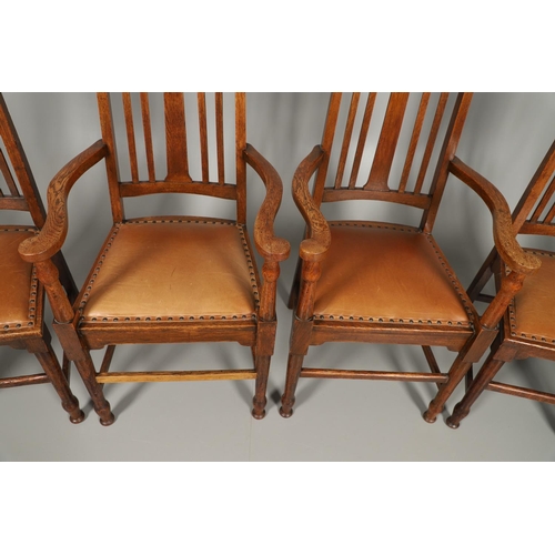 598 - SET OF SCOTTISH ARTS & CRAFTS DINING CHAIRS - WYLIE & LOCKHEAD. A set of six oak dining chairs inclu... 