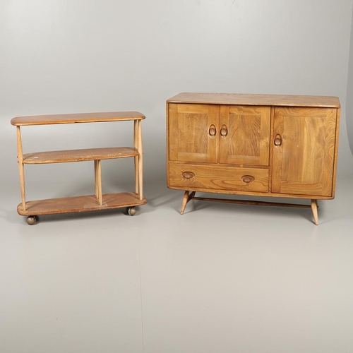 599 - ERCOL - VINTAGE SIDEBOARD & BOOK TROLLEY. A vintage light elm and beech sideboard Model No 366, with... 