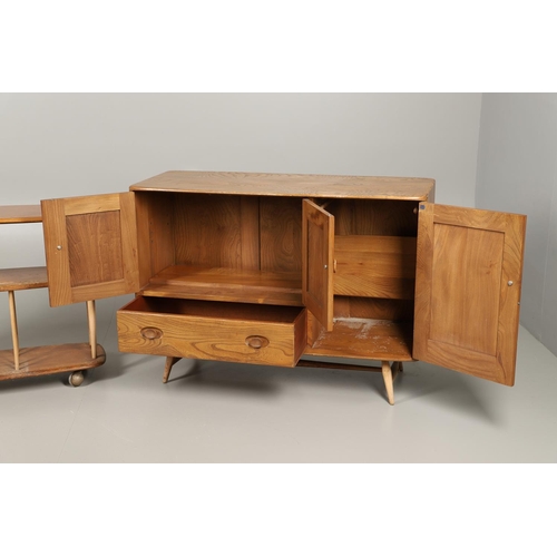 599 - ERCOL - VINTAGE SIDEBOARD & BOOK TROLLEY. A vintage light elm and beech sideboard Model No 366, with... 