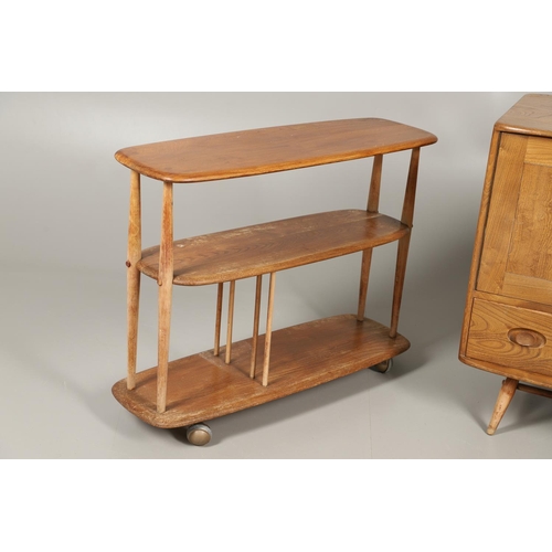 599 - ERCOL - VINTAGE SIDEBOARD & BOOK TROLLEY. A vintage light elm and beech sideboard Model No 366, with... 