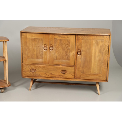 599 - ERCOL - VINTAGE SIDEBOARD & BOOK TROLLEY. A vintage light elm and beech sideboard Model No 366, with... 