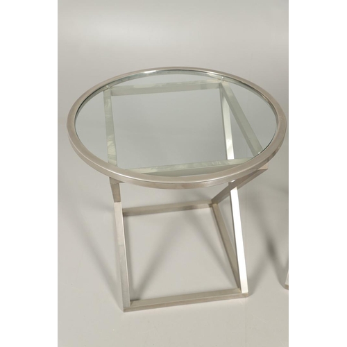 602 - PAIR OF ITALIAN CONTEMPORARY CHROME & GLASS TOP TABLES. A pair of contemporary chrome tables, with c... 