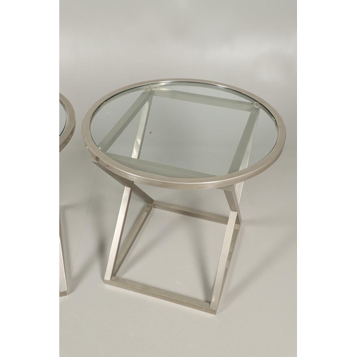 602 - PAIR OF ITALIAN CONTEMPORARY CHROME & GLASS TOP TABLES. A pair of contemporary chrome tables, with c... 