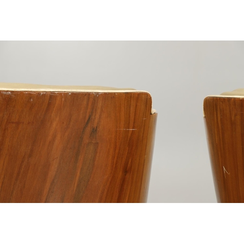 603 - PAIR OF ART DECO 'CLOUD BACK' LEATHER TUB CHAIRS. A pair of Art Deco walnut veneered tub chairs with... 