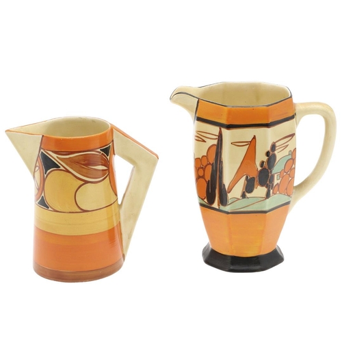 606 - CLARICE CLIFF ART DECO JUGS - INCLUDING ORANGE TREES & HOUSE. Including an Athens shape jug in the O... 