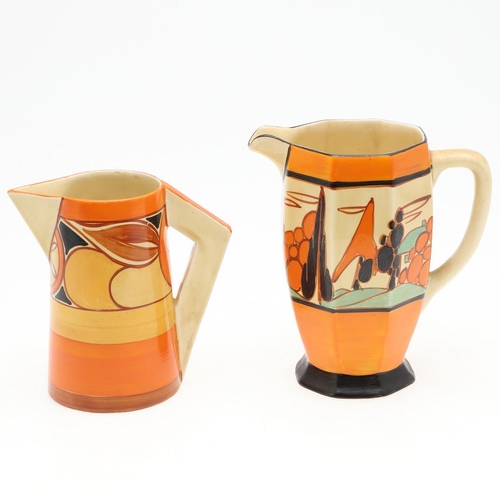 606 - CLARICE CLIFF ART DECO JUGS - INCLUDING ORANGE TREES & HOUSE. Including an Athens shape jug in the O... 