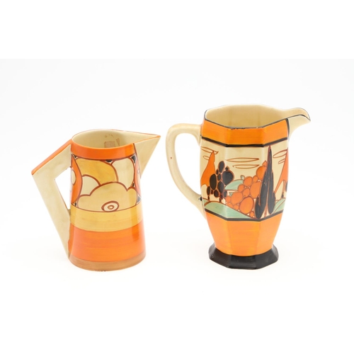 606 - CLARICE CLIFF ART DECO JUGS - INCLUDING ORANGE TREES & HOUSE. Including an Athens shape jug in the O... 