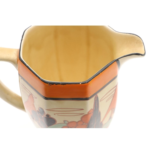 606 - CLARICE CLIFF ART DECO JUGS - INCLUDING ORANGE TREES & HOUSE. Including an Athens shape jug in the O... 