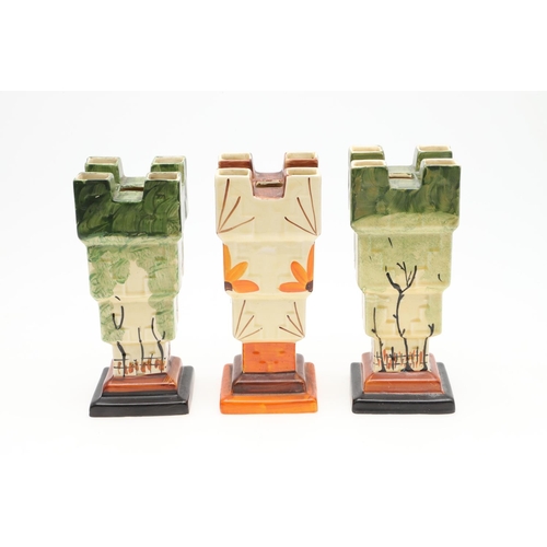 607 - TWO MYOTT ART DECO 'CASTLE' VASES & ANOTHER VASE. Pattern No 8941, two similar Myott pottery Castle ... 