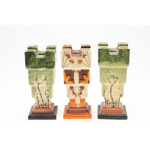 607 - TWO MYOTT ART DECO 'CASTLE' VASES & ANOTHER VASE. Pattern No 8941, two similar Myott pottery Castle ... 