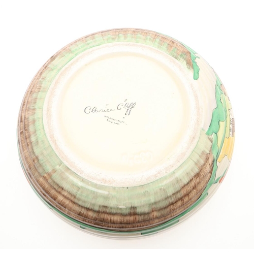 608 - CLARICE CLIFF ART DECO BOWL. A circular bowl painted with a cottage by a bridge and within a landsca... 